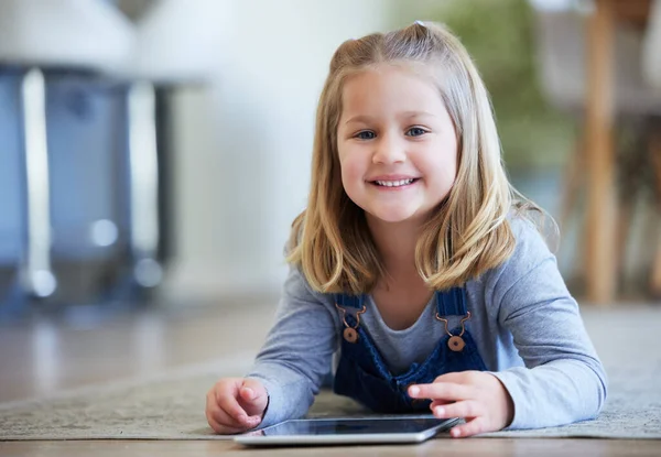 Shes Happy Having Tablet Time Little Girl Using Digital Tablet — ストック写真