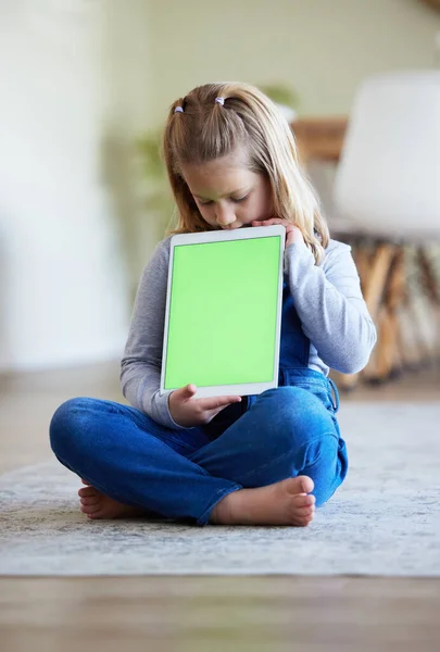 Look What Made Little Girl Using Digital Tablet Home — Stock Fotó
