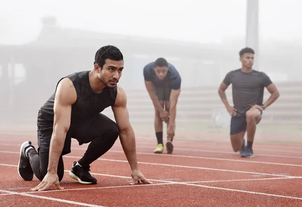 Ready Leave You All Dust Male Athlete Ready Begin Race — Stockfoto