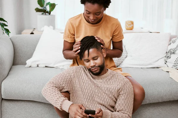 Our Connection All You Need Young Couple Using Phone Home — Fotografia de Stock