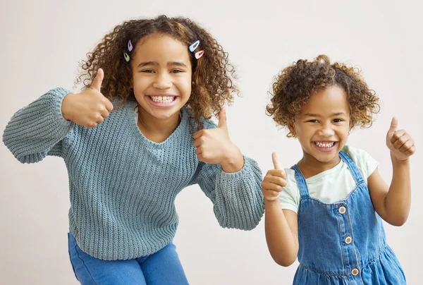 Totally Approve Two Adorable Little Girls Standing Together Showing Thumbs — Photo