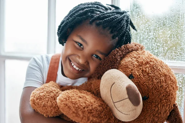 Have Cutest Teddy World Portrait Adorable Little Girl Holding Teddy — Zdjęcie stockowe