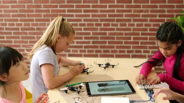 Science Students Building Testing Designing Drones Batteries Electrical Equipment Tablet — Wideo stockowe