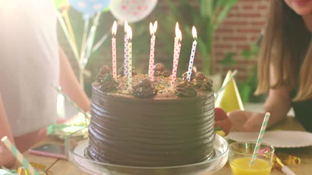 Kids Birthday Celebration Cake Blowing Out Candles Enjoying Decorated Party — Vídeo de stock