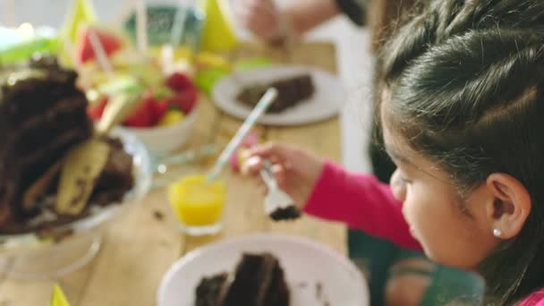 Happy Carefree Excited Little Girl Eating Cake Having Fun Enjoying — Stock videók