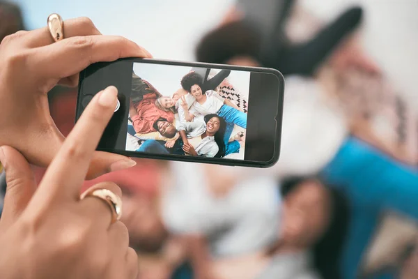 Photo Taken Phone Group Friends Lying Floor Together Having Fun — Fotografia de Stock