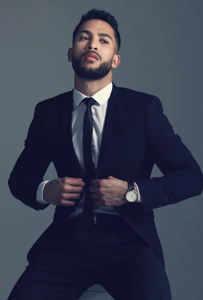 Always Have Look Best Studio Shot Young Man Posing Grey — Stockfoto