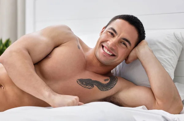 Call Italian Stallion Handsome Young Man Lying Bed — Stock Fotó