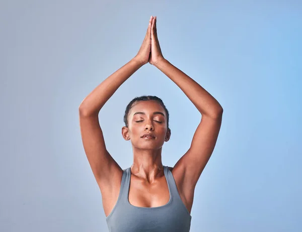 Meditation Medicine Mind Studio Shot Fit Young Woman Meditating Grey — Stock Photo, Image