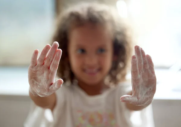 Clean Hygiene Protection Infection Little Girl Washing Hands Foam Soap — Stockfoto