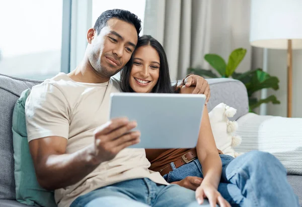 Our Favourite Show Watch Young Couple Sitting Sofa Together Home — Stockfoto