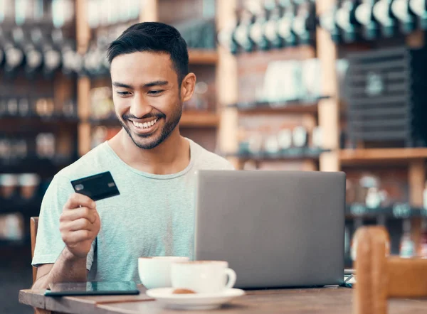 Man Doing Online Shopping Purchase Loan Credit Card Laptop Internet — Foto Stock