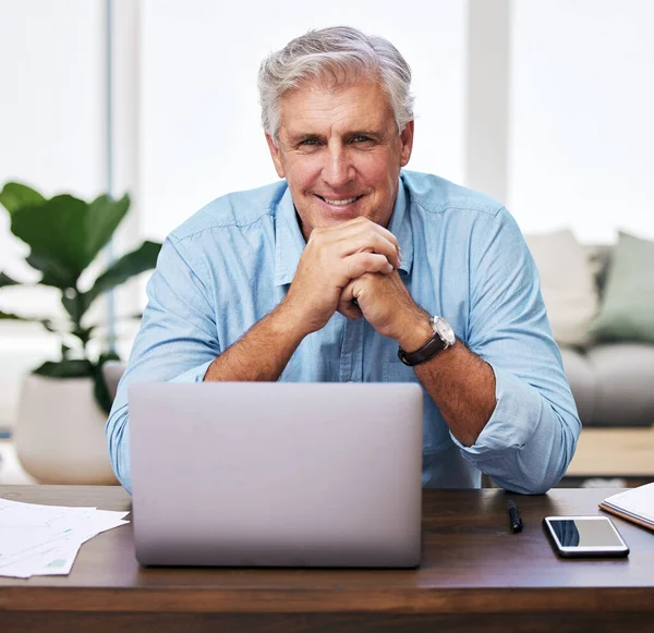 Working Home Saves Back Forth Commute Senior Man Sitting Home —  Fotos de Stock