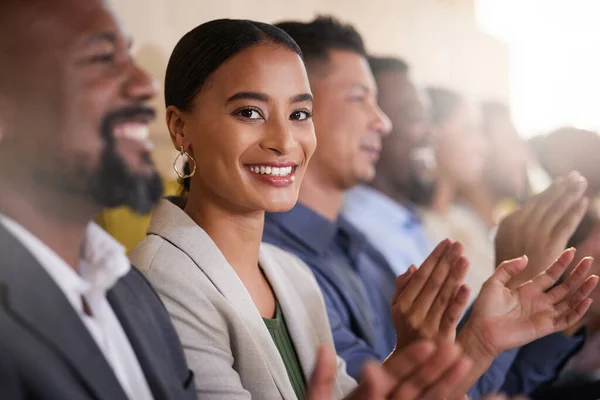 Enjoying Every Minute Cropped Portrait Attractive Young Businesswoman Applauding While — Stockfoto