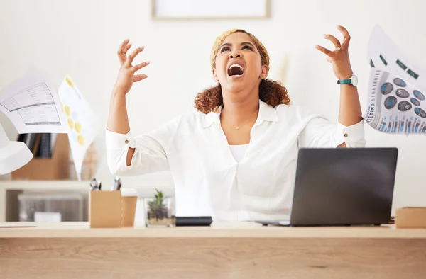 Angry, stressed and unhappy finance manager throwing documents and paperwork. Annoyed, irritated and screaming financial boss, leader and woman making a mistake or failing a tax deadline on laptop.