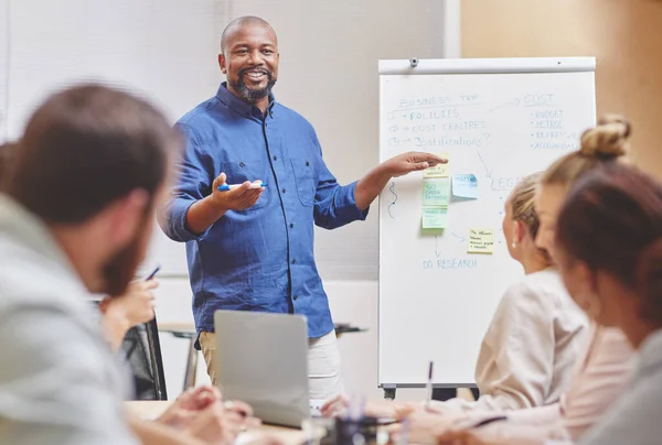 Heres Plan Handsome Mature Businessman Giving Presentation Boardroom — Zdjęcie stockowe