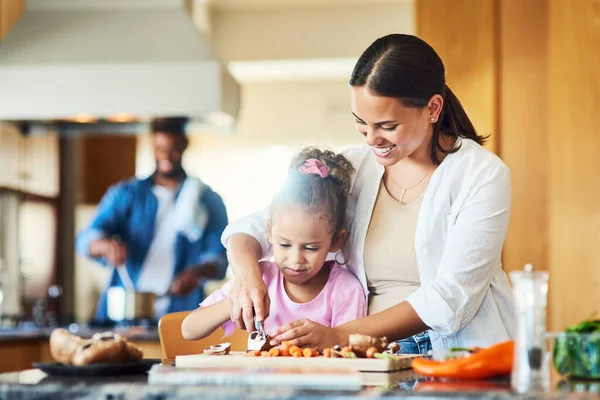 Kids Love Helping Cooking Little Girl Assisting Her Mother Chopping — Photo