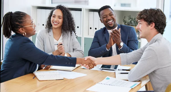 Successful Agreement Has Been Reached Businesspeople Shaking Hands Meeting Office — Fotografia de Stock