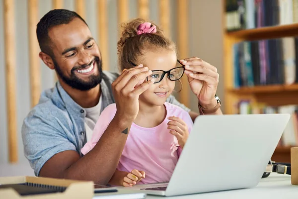 Can Try Your Glasses Young Father Showing His Daughter His — Foto Stock
