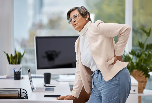 Backache Feels Hell Mature Businesswoman Experiencing Back Pain While Working — 图库照片