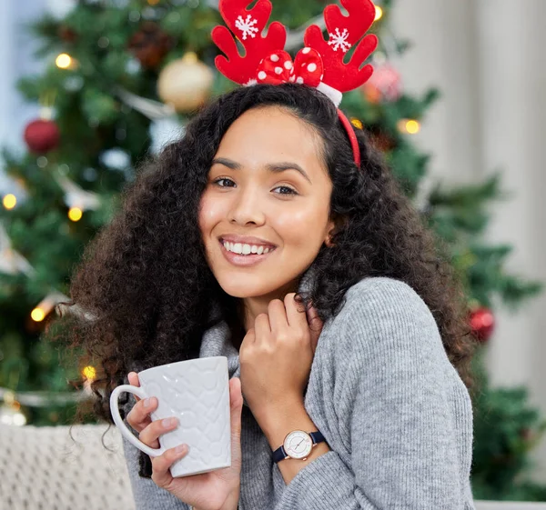 All Ready Christmas Young Woman Drinking Coffee Christmas Time Home — Stock Photo, Image