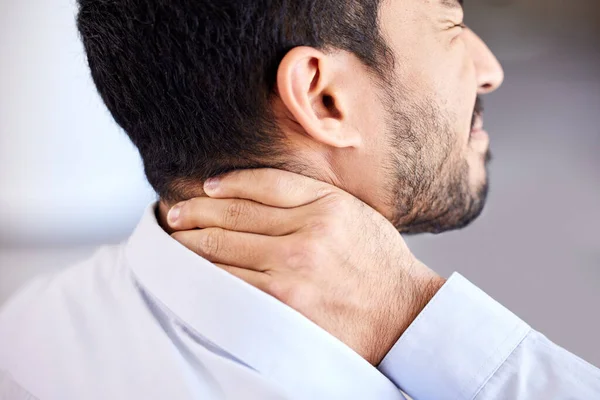 Stress Pain Sore Neck Closeup Businessman Massaging Strained Muscle Stressed — Stock Photo, Image