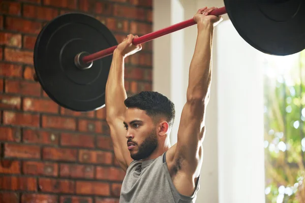 Get High Health Young Man Working Out Barbell Gym — Foto de Stock