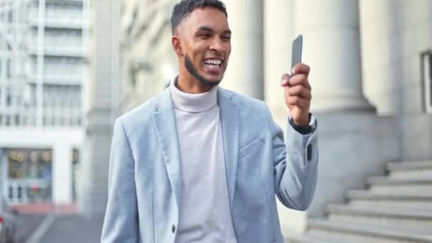 Successful Happy Excited Businessman Cheering Smiling Celebrating Joy While Reading — Video