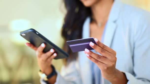 Bank Card Data Put Phone Woman Doing Internet Shopping Banking — 图库视频影像