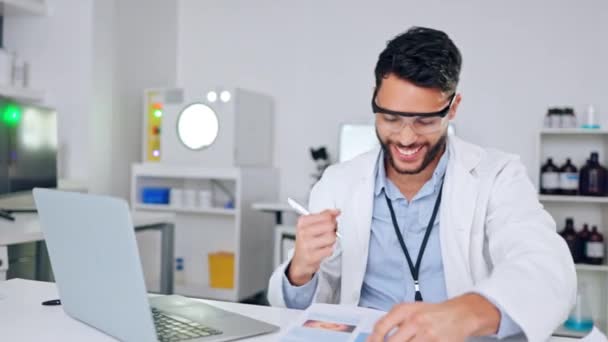 Cheerful Happy Excited Scientist Celebrating Success Getting Good News Positive — стоковое видео