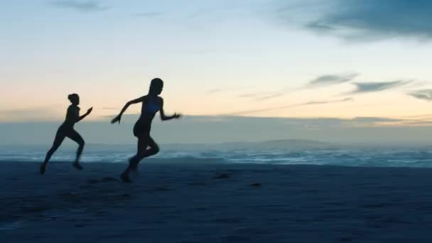 R18 Fitness Exercise Healthy Fit Women Running Ocean Coast Females — Vídeo de Stock