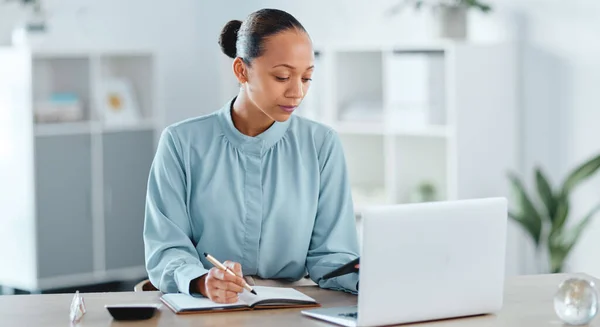 Busy, smart and serious business manager with a laptop working on schedule, planning and brainstorming ideas inside office. Lady marketing analyst writing strategy for project plan in her diary.