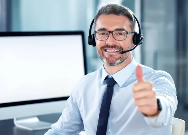 Ill Happy Help Portrait Call Centre Agent Showing Thumbs While — Fotografia de Stock