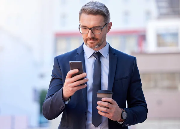 Hes Always Quick Respond Handsome Mature Businessman Texting While Standing — Stockfoto