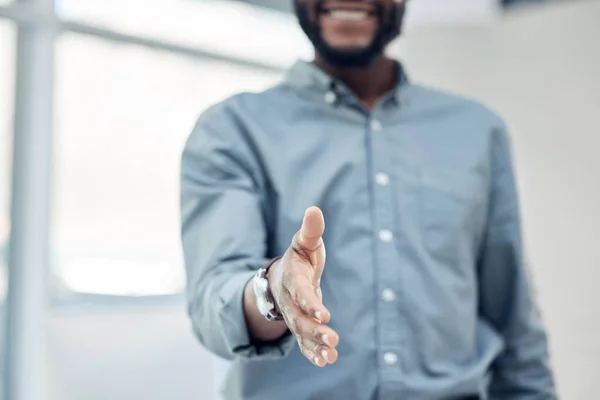 Lets Collaborate Unrecognizable Businessman Standing Alone His Office His Hand — Stock Fotó