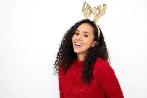 Its Favourite Time Year Studio Shot Young Woman Wearing Reindeer — Stok fotoğraf