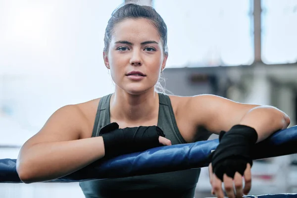 Confident Active Toned Female Fitness Athlete Boxing Ring Exercise Gym — Zdjęcie stockowe