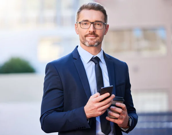 Communication Keeps Ahead Game Cropped Portrait Handsome Mature Businessman Standing — Stockfoto