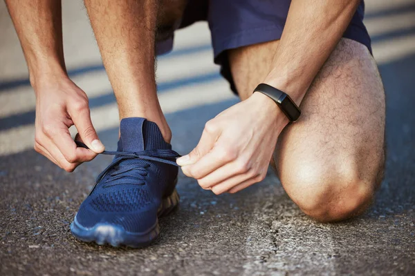 Game Starts Now Closeup Shot Unrecognisable Man Tying His Shoelaces — Foto Stock