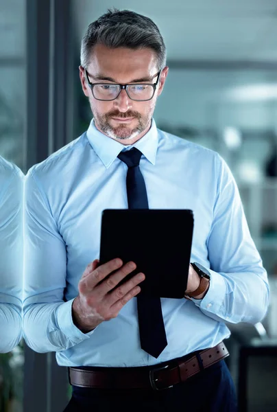 Technology Possibilities Endless Businessman Using Digital Tablet Office — Fotografia de Stock