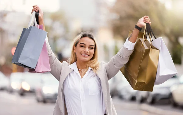 Shopping Done Cropped Portrait Attractive Young Woman Raising Her Bags — 图库照片