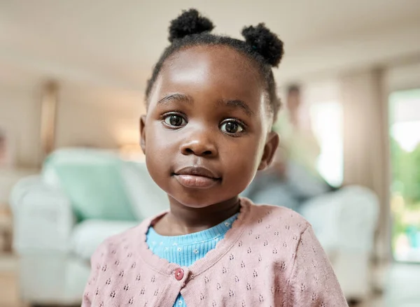 Unrivalled Cuteness Cropped Portrait Adorable Little Girl Pigtails Sitting Living — Zdjęcie stockowe