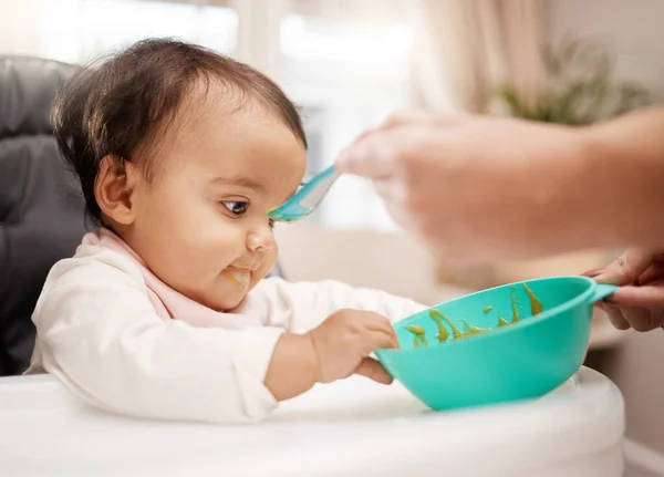 Hope Youre Going Refill Adorable Baby Girl Eating Her Food — 图库照片