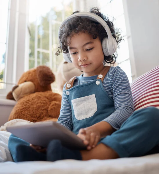 Heritage Adorable Young Boy Using Digital Tablet Headphones His Bedroom — Zdjęcie stockowe