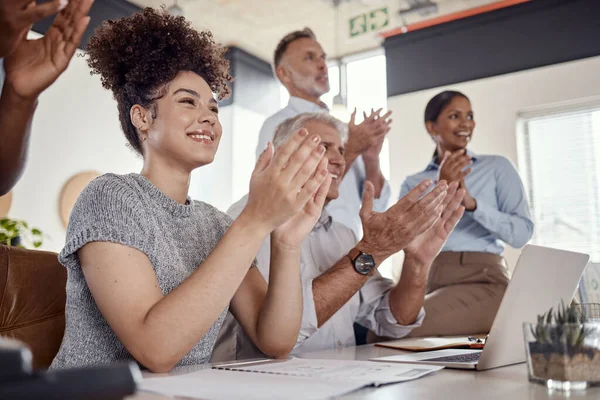 Better Days Here Stay Group Businesspeople Clapping Conference Modern Office — Photo