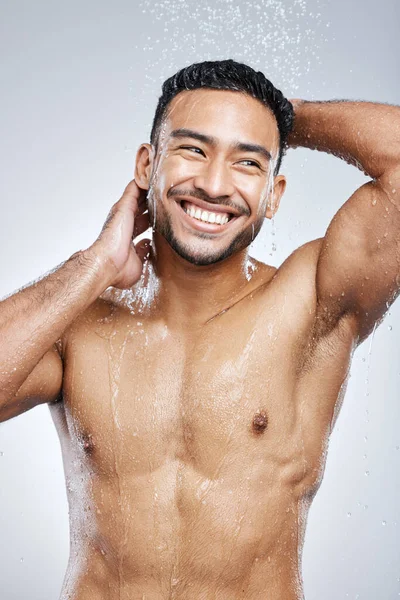 Its Shower Time Studio Shot Handsome Young Man Taking Shower — Zdjęcie stockowe