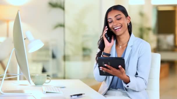 Happy Manager Talking Phone Laughing While Working Modern Office Booking — Stock videók