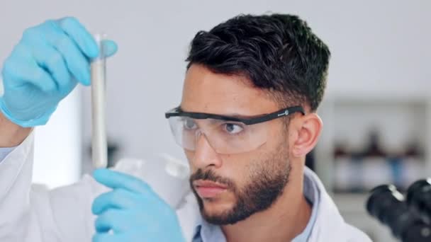 Young Professional Male Scientist Laboratory Looking Test Tube Pharmacist Student — Stockvideo