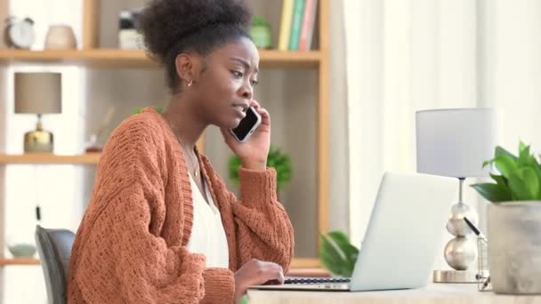 Black Woman Talking Phone Searching Internet Laptop Home African American — Video Stock