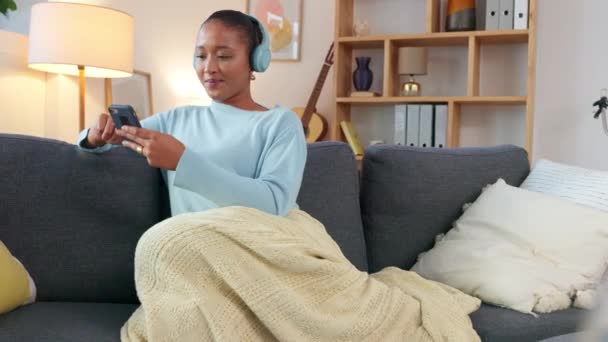 Comfortable Fun Relaxing Young Woman Using Her Phone Headphones Listen — Vídeo de Stock